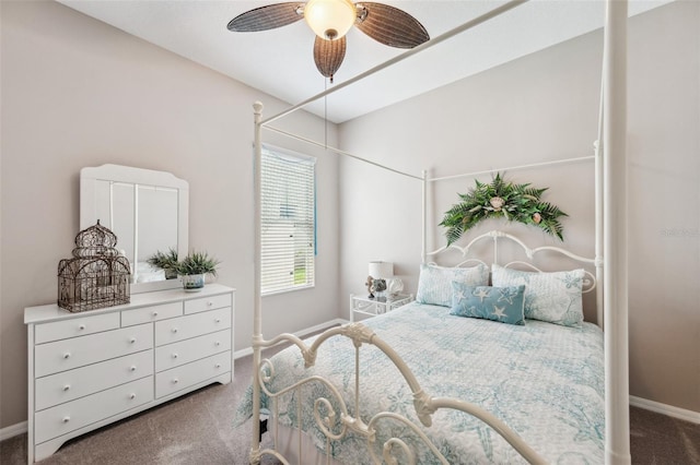 bedroom with ceiling fan and carpet