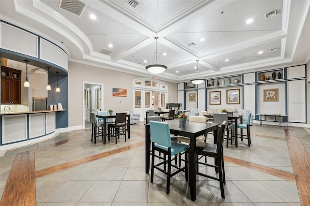 dining room featuring crown molding, a towering ceiling, coffered ceiling, and light tile patterned flooring