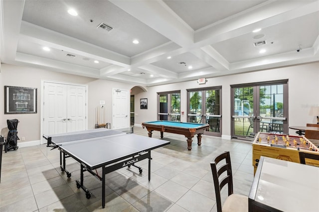 recreation room featuring french doors, coffered ceiling, beam ceiling, and light tile patterned floors