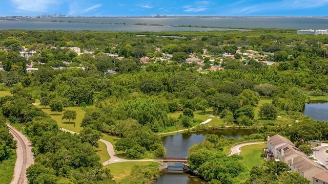 drone / aerial view featuring a water view