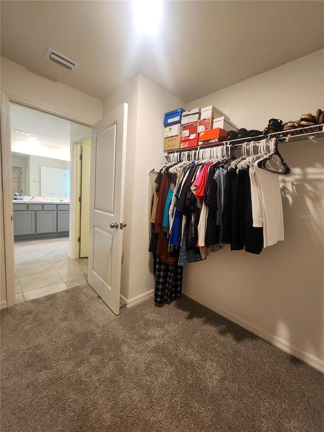 spacious closet featuring light colored carpet