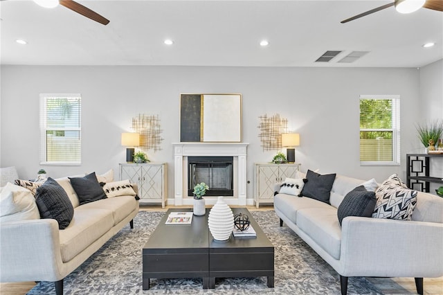 living room with recessed lighting, a healthy amount of sunlight, and ceiling fan