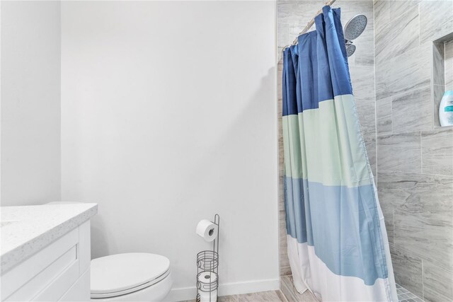 bathroom featuring vanity, toilet, and wood-type flooring