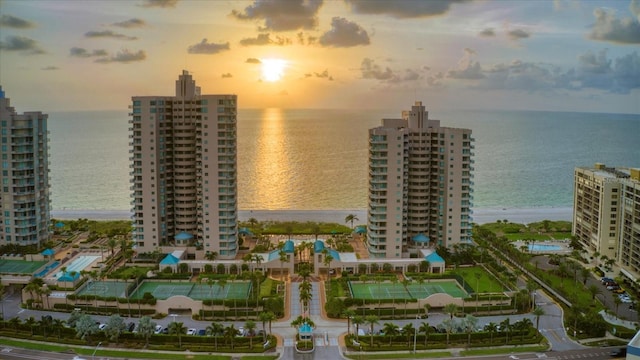 aerial view at dusk with a water view