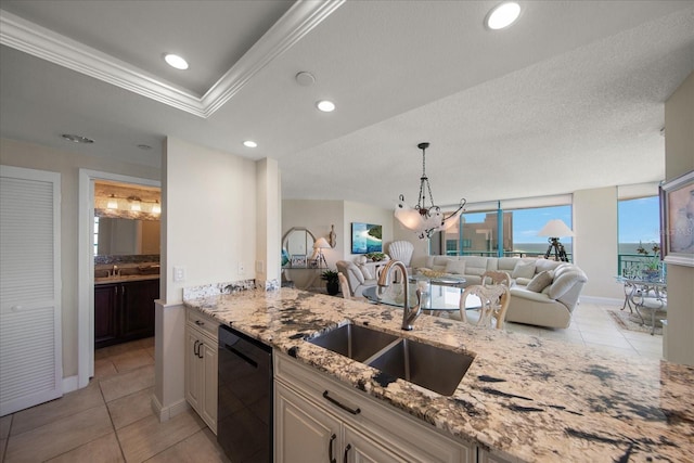 kitchen with a sink, black dishwasher, open floor plan, light stone counters, and light tile patterned floors