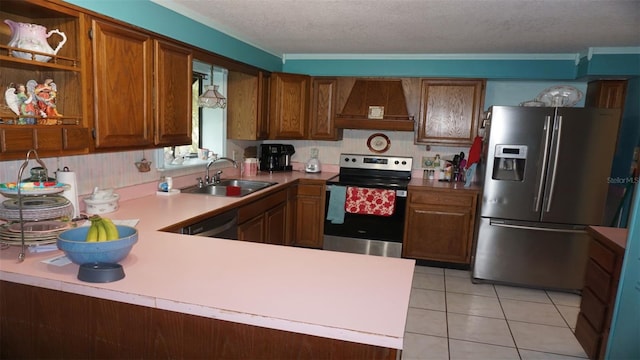 kitchen with kitchen peninsula, custom range hood, light tile patterned flooring, stainless steel appliances, and sink