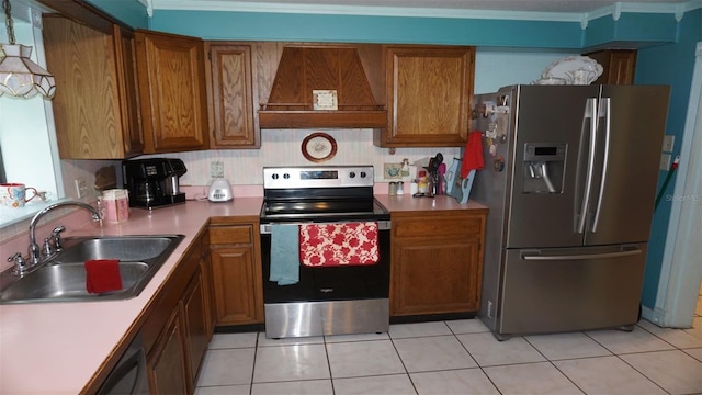 kitchen featuring appliances with stainless steel finishes, ornamental molding, light tile patterned floors, sink, and custom range hood