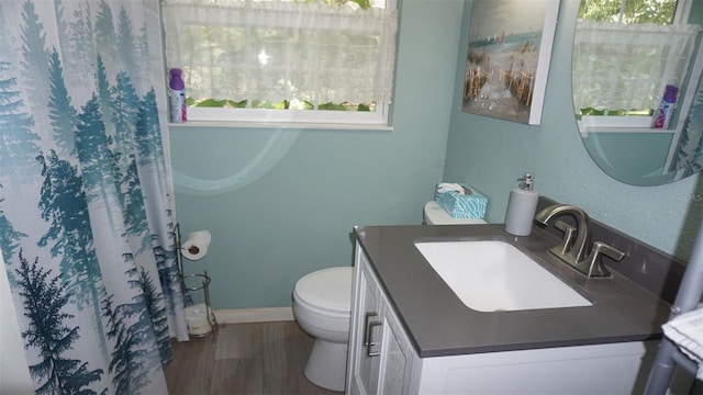 bathroom with hardwood / wood-style floors, vanity, a wealth of natural light, and toilet