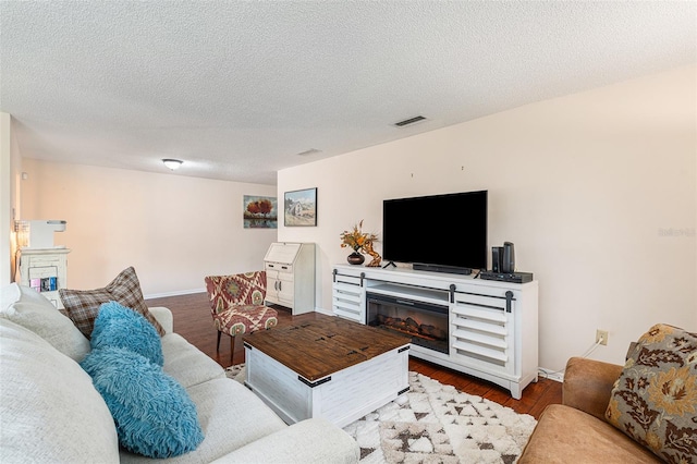 living room with a textured ceiling and wood-type flooring