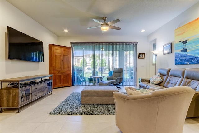 tiled living room featuring ceiling fan