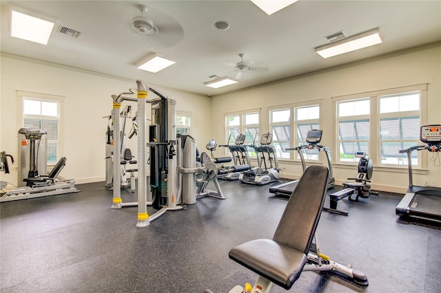 gym featuring ceiling fan