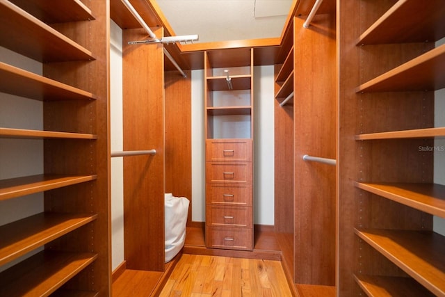 walk in closet with light hardwood / wood-style flooring