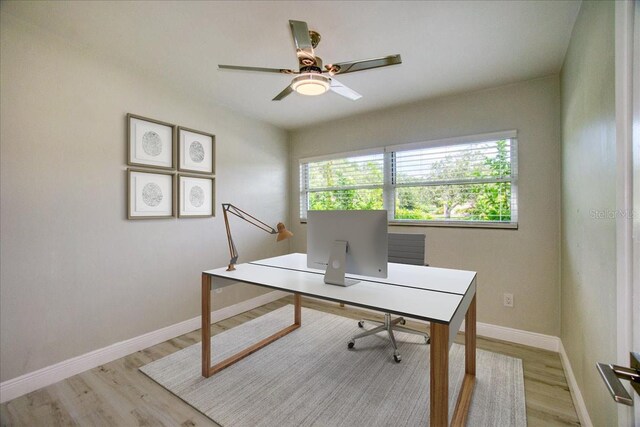 home office featuring light wood-type flooring and ceiling fan