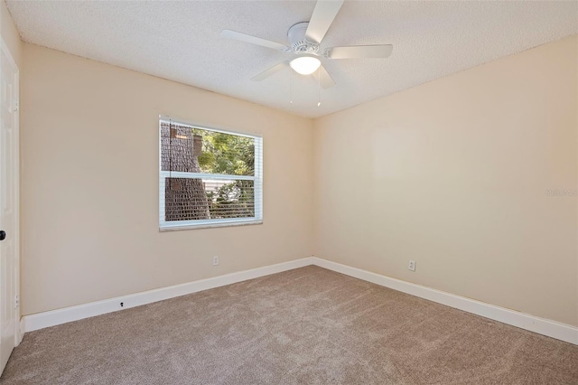 empty room featuring carpet floors, a textured ceiling, and ceiling fan