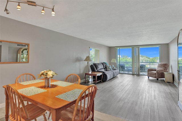 dining area with rail lighting, light hardwood / wood-style floors, and expansive windows