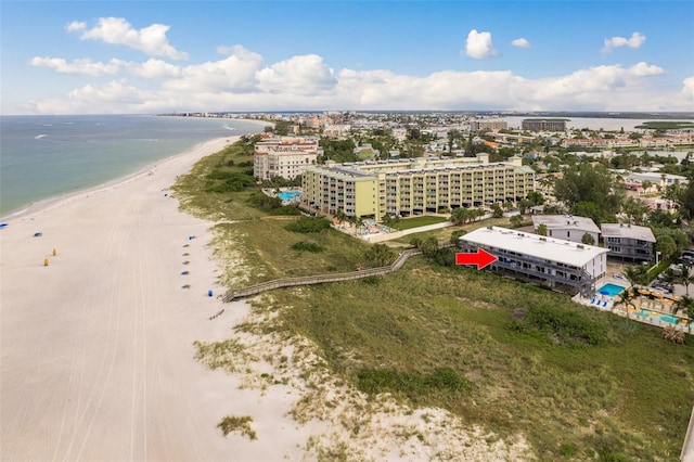 aerial view with a view of the beach and a water view