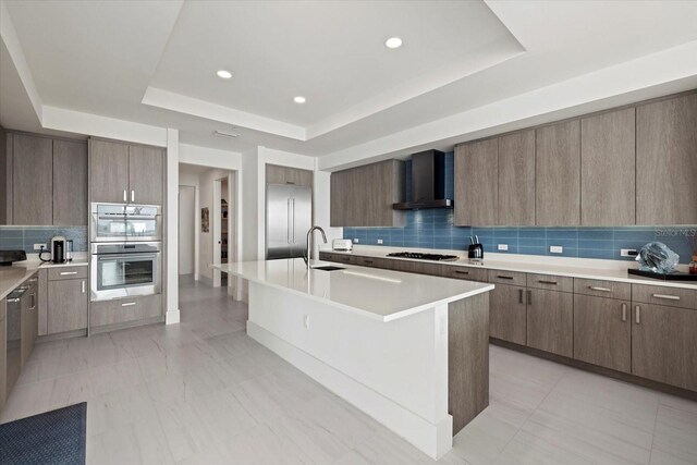 kitchen with a raised ceiling, appliances with stainless steel finishes, an island with sink, backsplash, and wall chimney exhaust hood