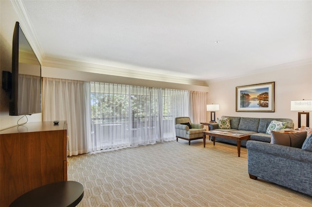 living room with light colored carpet and ornamental molding