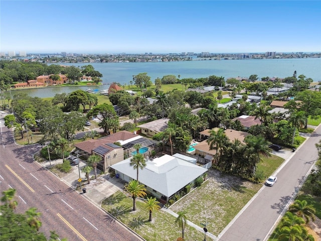 bird's eye view with a water view