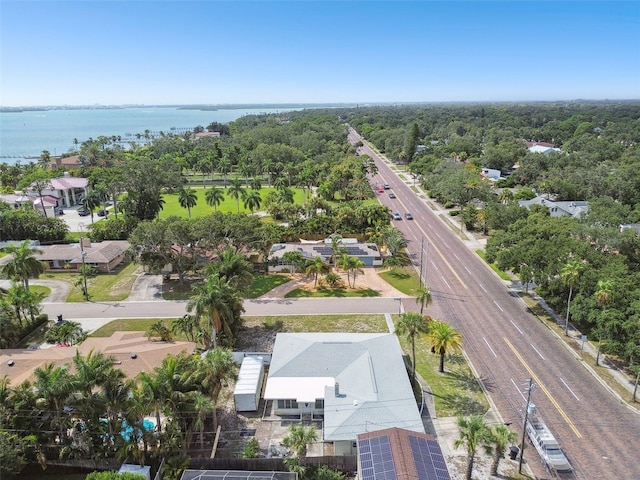 bird's eye view with a water view