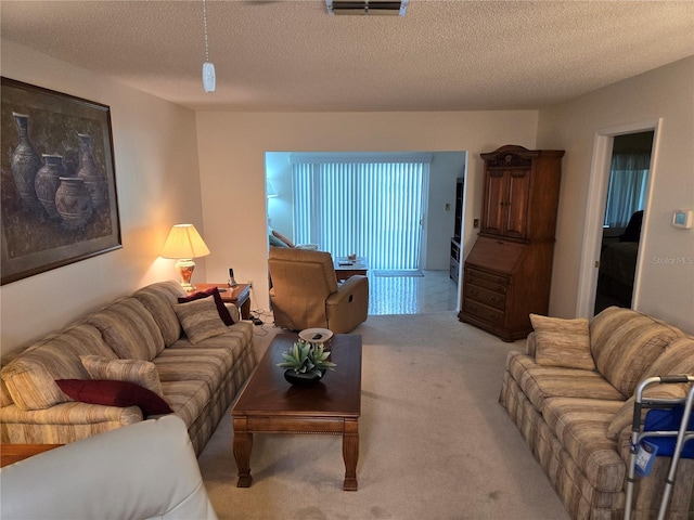 carpeted living room with a textured ceiling