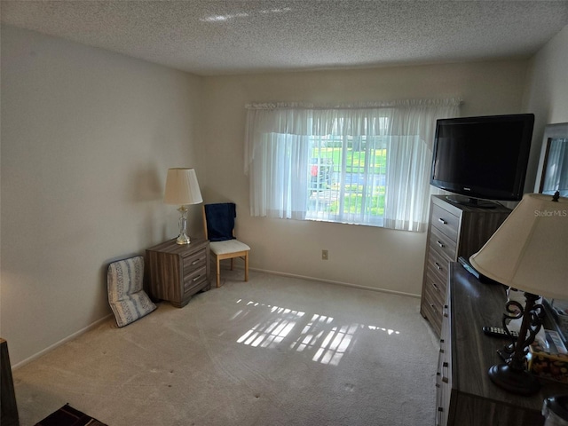 sitting room featuring baseboards, a textured ceiling, and light colored carpet