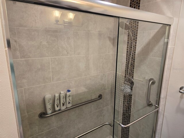 bathroom featuring a shower with shower door