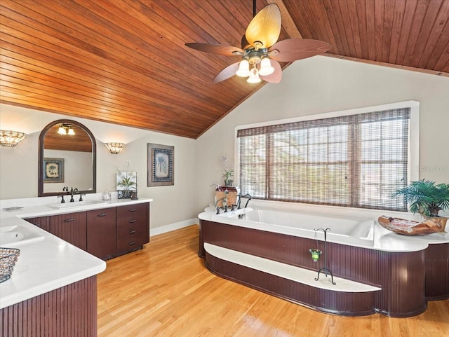 bathroom with a bath, hardwood / wood-style floors, vanity, and wooden ceiling