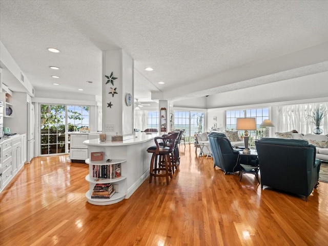 interior space with plenty of natural light, a textured ceiling, and light hardwood / wood-style flooring