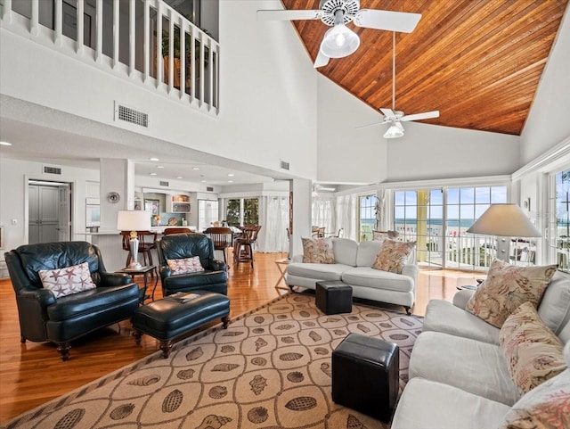 living room featuring ceiling fan, wood ceiling, light wood-type flooring, and high vaulted ceiling