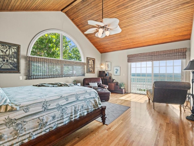 bedroom with ceiling fan, light hardwood / wood-style floors, high vaulted ceiling, and wooden ceiling