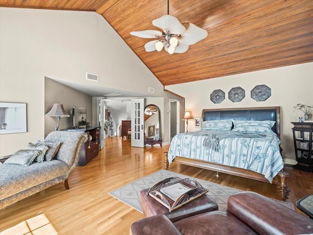 bedroom featuring high vaulted ceiling, wood ceiling, light wood-type flooring, and ceiling fan