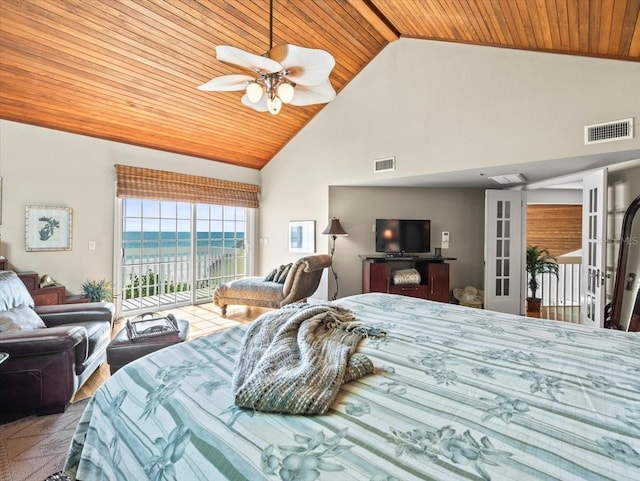 bedroom featuring access to exterior, wooden ceiling, ceiling fan, and high vaulted ceiling