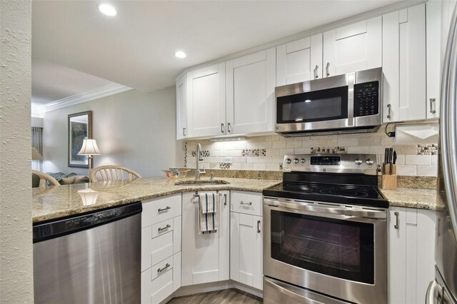 kitchen with sink, light stone counters, stainless steel appliances, and ornamental molding