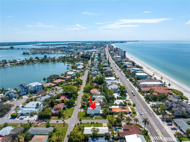 aerial view featuring a water view and a view of the beach