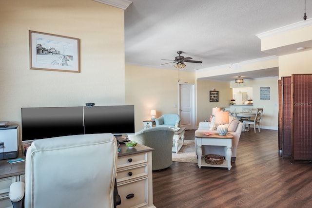 office space with dark hardwood / wood-style floors, ceiling fan, and crown molding