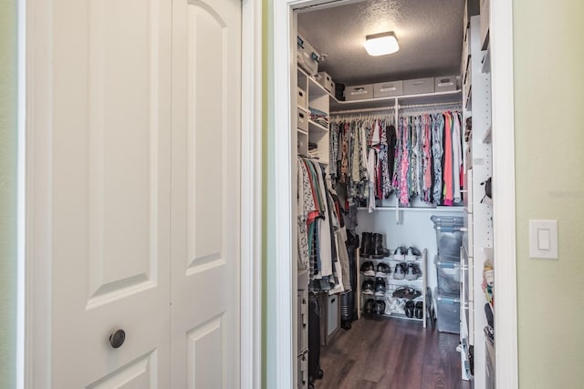 spacious closet featuring dark hardwood / wood-style flooring