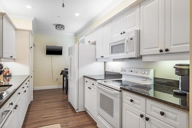 kitchen featuring white cabinets, white appliances, dark wood-type flooring, and crown molding