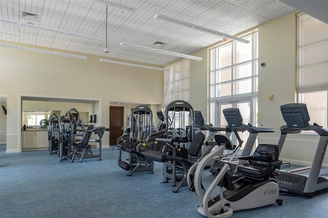 gym with a high ceiling and carpet