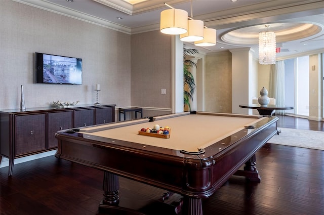 rec room with a raised ceiling, ornamental molding, hardwood / wood-style floors, and billiards