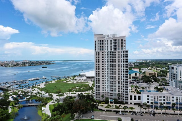 drone / aerial view featuring a water view