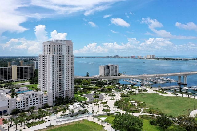 exterior space with a water view