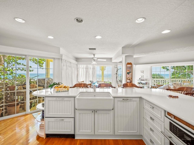 kitchen with a water view, light wood-type flooring, and a healthy amount of sunlight