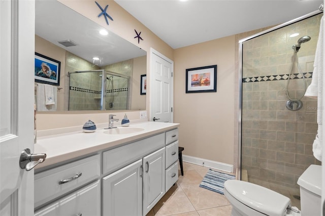 bathroom with tile patterned floors, vanity, toilet, and a shower with door