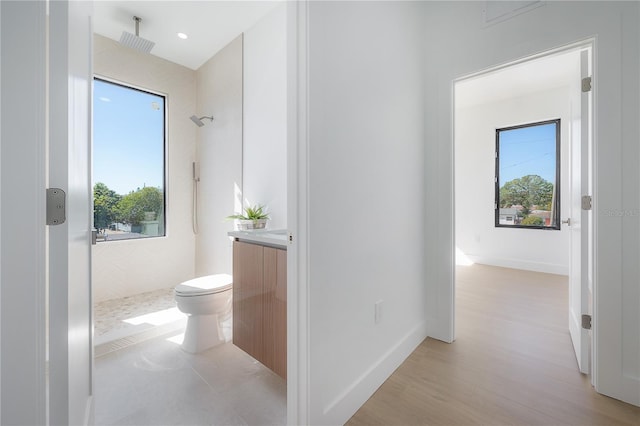 bathroom featuring vanity, hardwood / wood-style flooring, toilet, and a shower