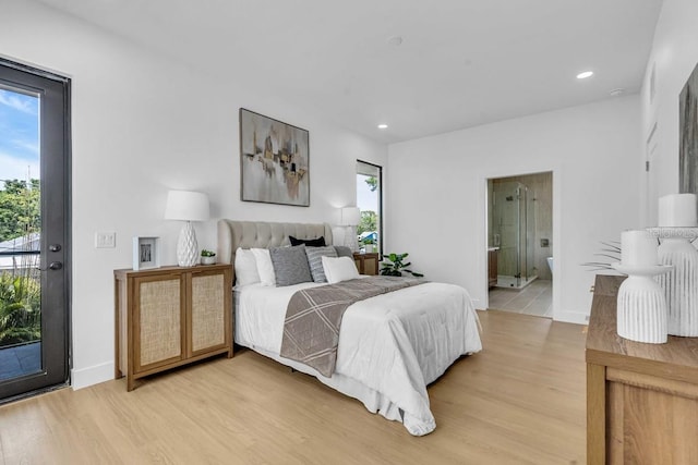 bedroom with recessed lighting, access to exterior, light wood-style flooring, and ensuite bathroom
