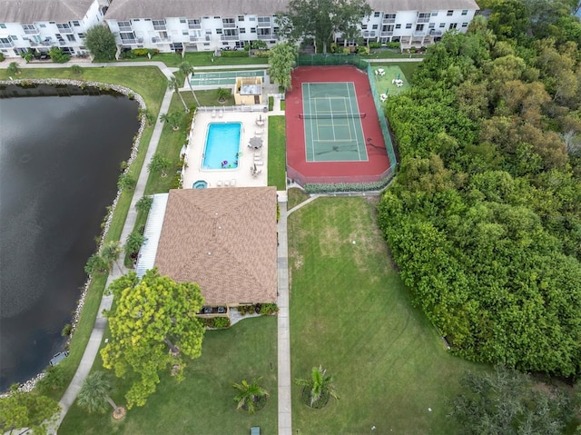 bird's eye view with a water view