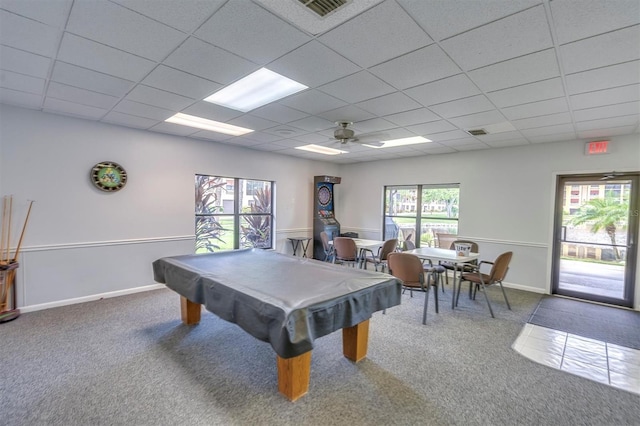 game room featuring a wealth of natural light, ceiling fan, a drop ceiling, and pool table