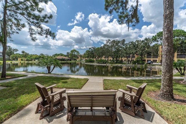 view of patio featuring a water view