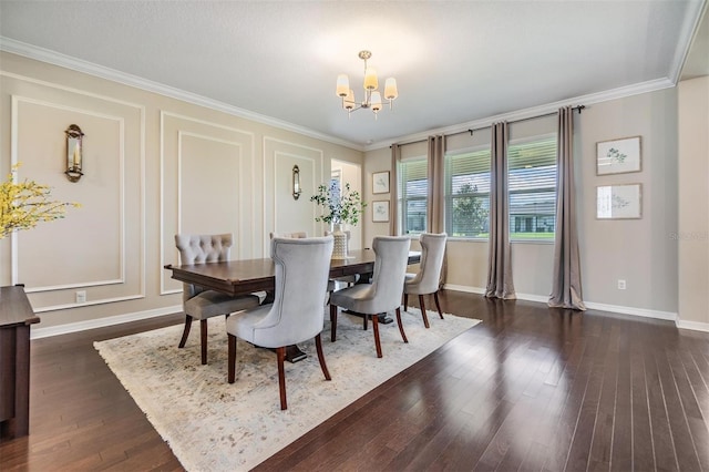 dining space with an inviting chandelier, crown molding, and dark wood-type flooring